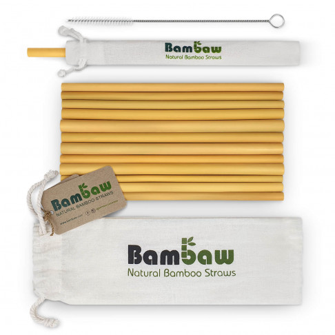 Bambaw, Zestaw bambusowych słomek (22cm) 12szt, z woreczkiem