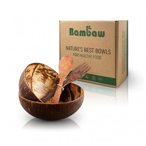 Bambaw, Zestaw misek z łupiny kokosa z drewnianymi sztućcami, naturalne, kompostowalne